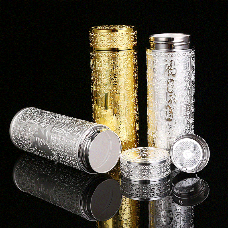 笑笑 304不锈钢直身保温杯 电镀金属百福杯九龙银杯999足银工艺杯