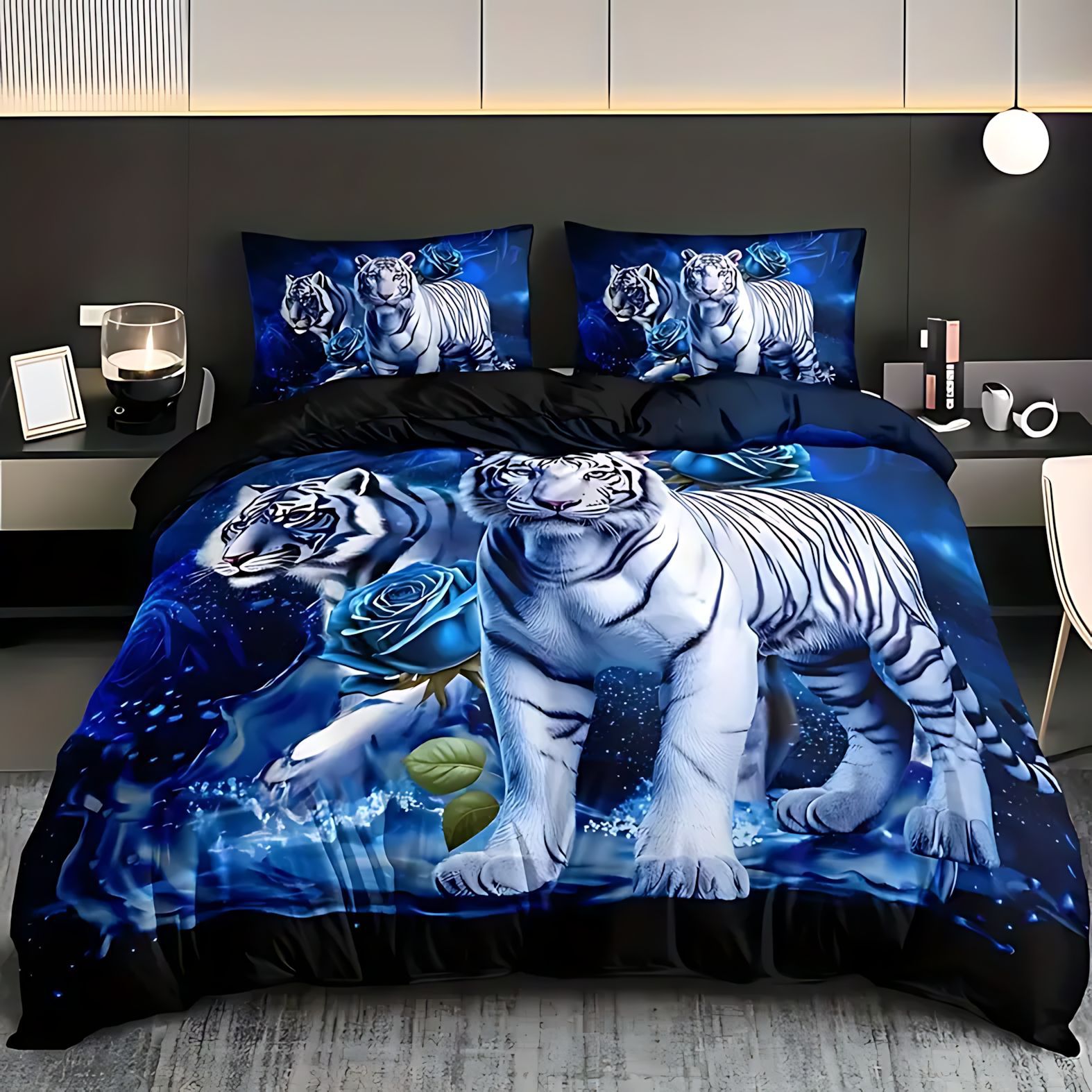 TEMU / JIT transfronterizo majestuoso tigre impresión digital HD colcha suave funda de almohada set de ropa de cama
