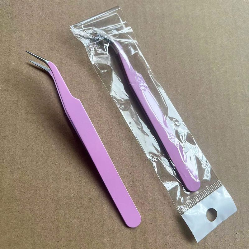 Pinzas para pestañas de acero inoxidable, punta curva, rosa