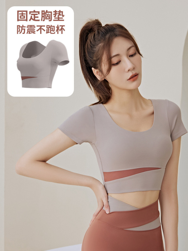 色合わせ半袖ヨガ服セット女性春夏露臍短い上着ヒップパンツランニングトレーニング服|undefined
