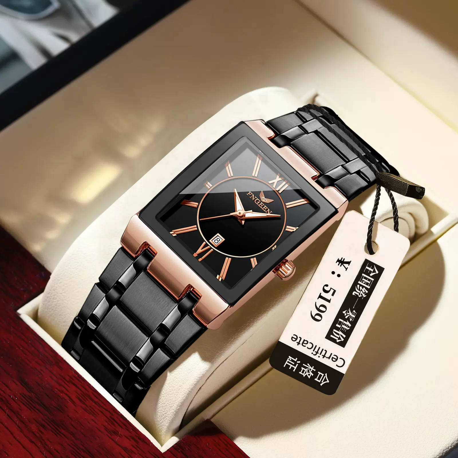 FNGEEN芬尊商务男表防水日历男士方形手表精钢石英外贸手表