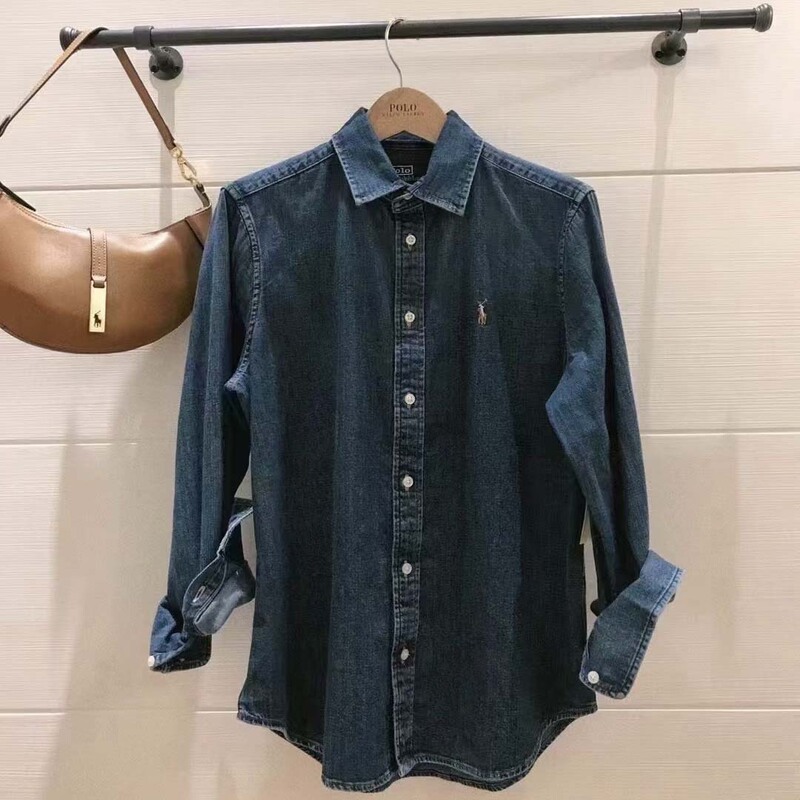 Rl Raff War Horse Zheng Xiuqing's Versatile Classic American Pony Embroidered Lapel Long-Sleeved Denim Shirt