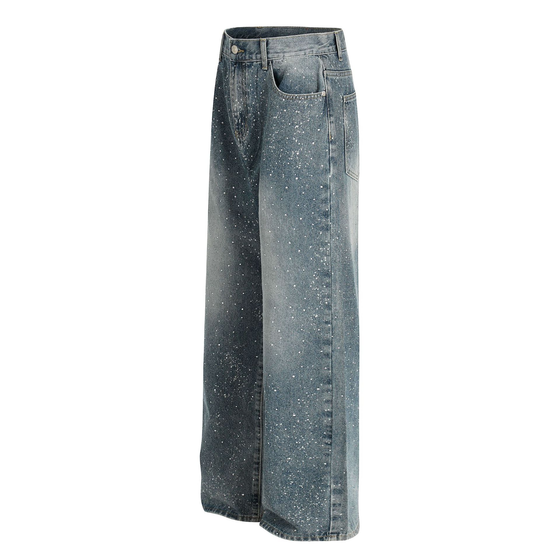 Unisex High Street Vintage Washed Blue Distressed Denim Jeans Rhinestone Embellishments Relaxed Fit Button Fly Non-Stretch Cotton_voghion.com