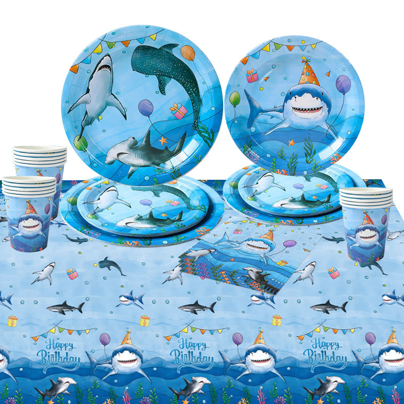 New Blue Ocean Shark Theme Children's Birthday Party Supplies Set Party Disposable Dinner Plate Tableware Set