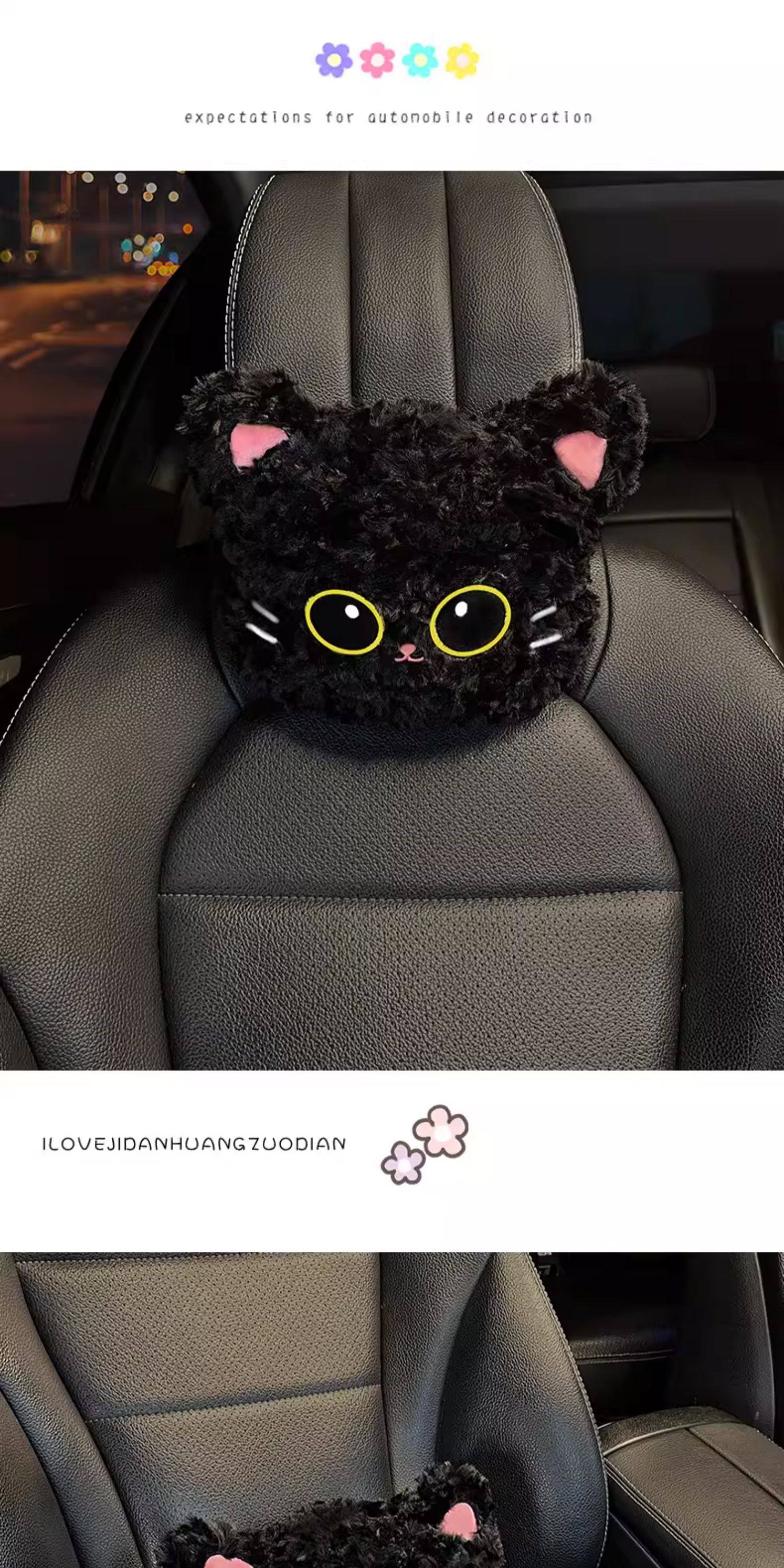 Car Headrest Neck Pillow Cartoon Cute Cat Car Cushion Winter Plush Car Lumbar Pillow Set for Women