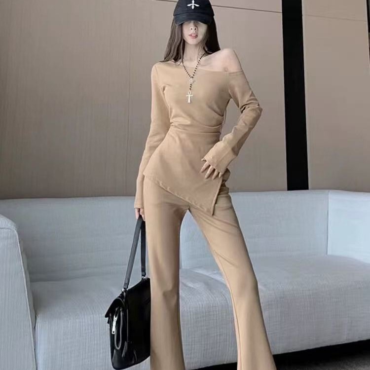 Cross-Border Hot Girl High-Waisted Slimming Micro-Flared Trousers with Irregular Long-Sleeved Tops for Women Fashion Casual Suits Wholesale
