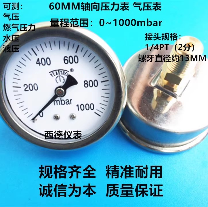 60MM轴向0－1000mbar压力表，毫巴压力表，毫巴燃气压力表