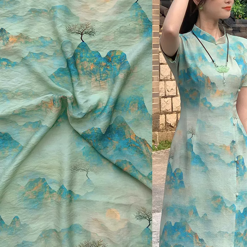 华夏山河 汉服旗袍印花面料天丝棉底布新中式印花布数码印花布料
