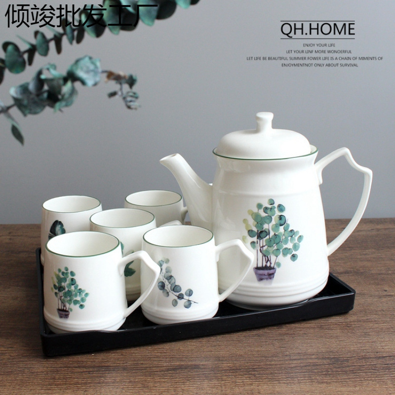 北欧绿植陶瓷水壶套装耐高温茶水壶咖啡壶大号冷水壶家用水具套装|undefined