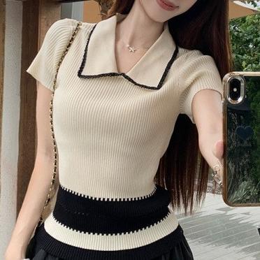 撞色拼接翻领短袖针织衫t恤女秋季时尚修身独特休闲正肩上衣