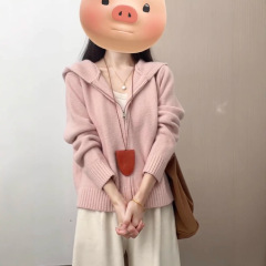 粉色连帽针织衫上衣女秋冬2025秋季拉链慵懒软糯外搭毛衣开衫外套