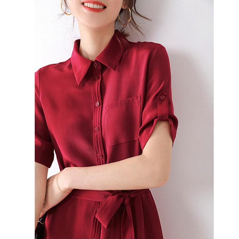 Silk Mulberry Silk dress Half Sleeve Lace-up Loose-fit Waist Slimming Shirt dress Long