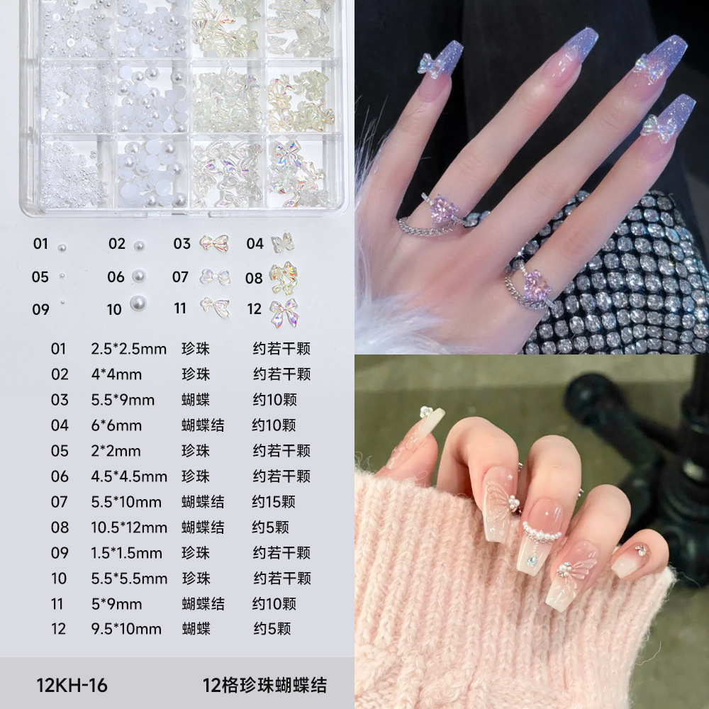 12 piezas de joyería de diamantes de manicura plana de fondo plano intermitente checo de diamantes de formas especiales joyería de mariposa de lentejuelas de uñas de perlas de todo fósforo