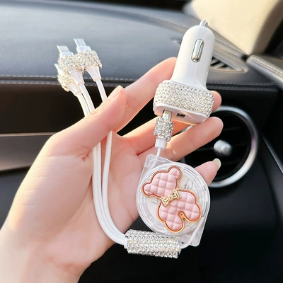 One to Three Multi-Function Telescopic | Mobil şarj cihazları - pink-bear-charging-cable-car-charger