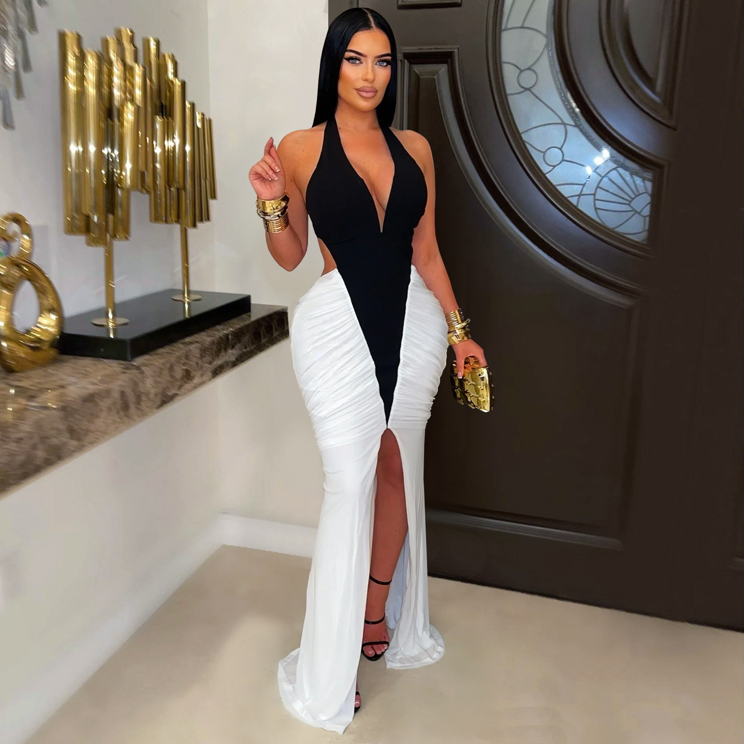 C7573 Aliexpress transfronterizo amazon ropa de moda europea y americana de mujer sexy v collar brazo bifurcado vestido de espalda