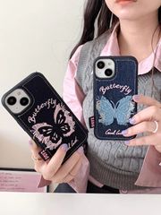 Leather Embroidered 3D Butterfly iPhone15 Apple12 Compatible 13/14 Pro Max Phone Case Shockproof Cover 11