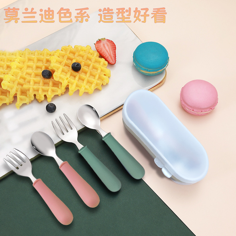 Soft Handle 304 Stainless Steel Children's Tableware Fork and Spoon Set Two-Piece Baby Mother and Baby Gift Spoon and Fork Round Handle Feeding