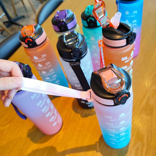 New Gradient Portable Rope Duckbill Straw Water Cup Couple Plastic Water Cup Solid Color 1000ml One Piece Dropshipping
