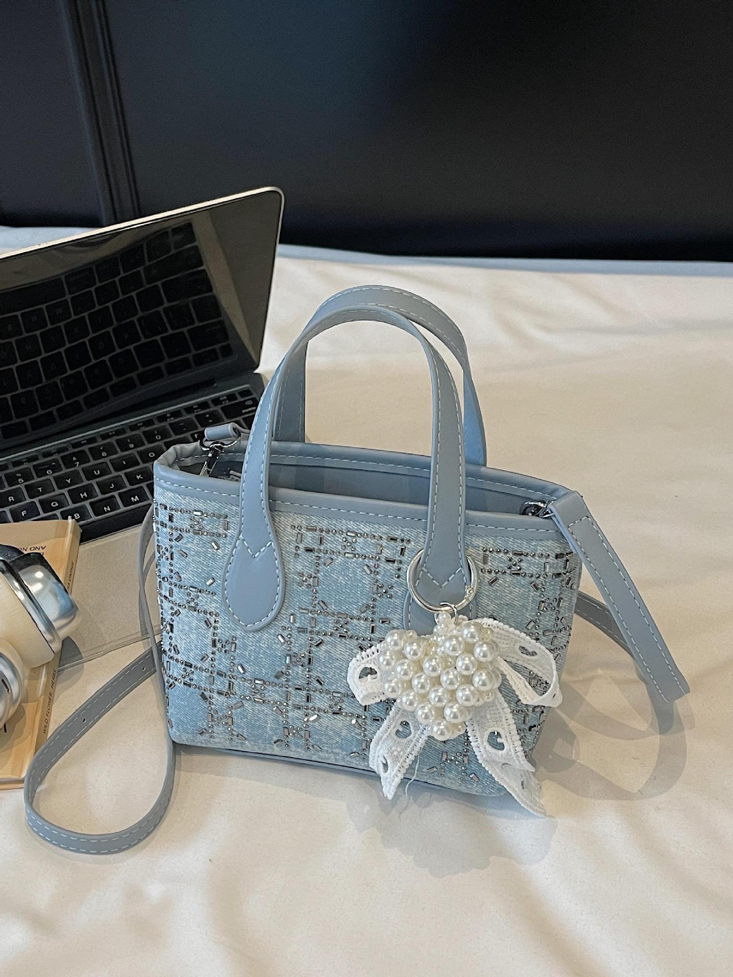Bolsa de cubo de denim de verano de moda con diamantes para mujeres 2025 nueva moda extranjera versátil bolso de hombro