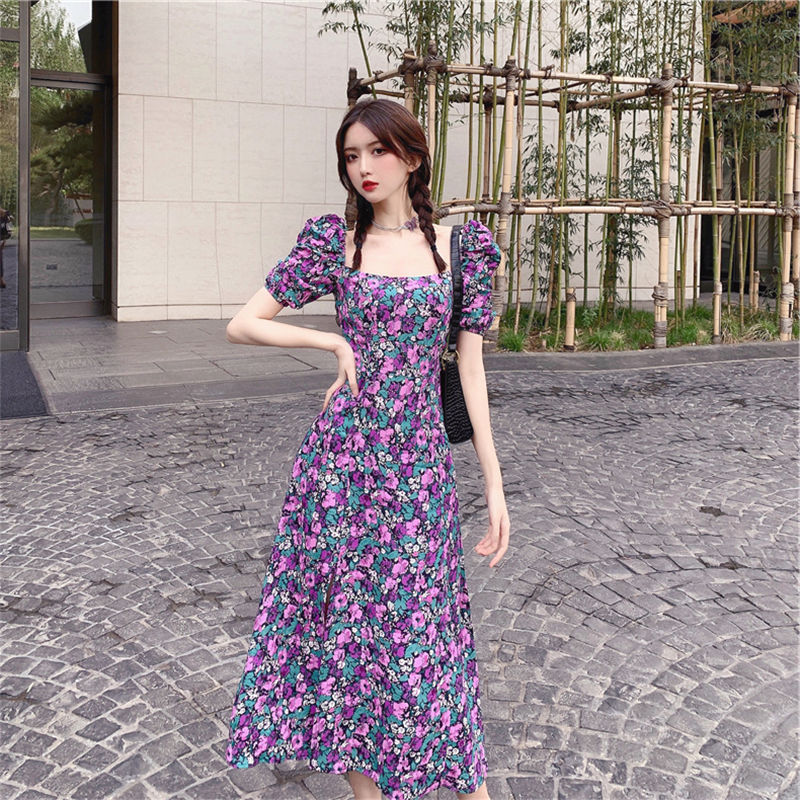 大码碎花2022连衣裙女夏季紫色泡泡袖开叉复古法式长裙胖mm仙女裙