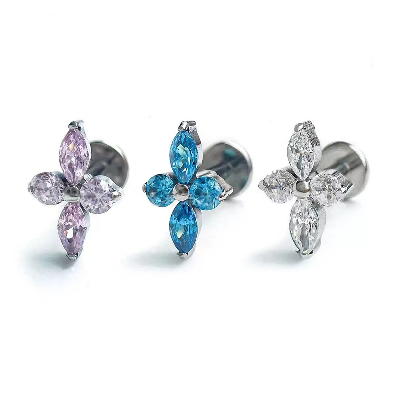 Astm F-136 Titanium Alloy Zircon Four-Leaf Clover Earrings G23 Titanium Inlaid Zirconium Ear Bone Nails Cochlear Nail Piercing Earrings
