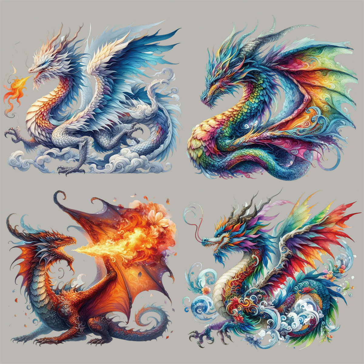 跨境热销龙图案热转印烫画酷炫五颜六色喷火龙服装包包帽子烫图