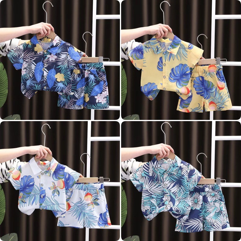 Summer Boys Short-sleeved Shorts Set Full-body Printed Handsome Collar Shirt Styish Boys Two-piece Suit Hair