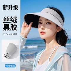 女性用ベルベットビニール日焼け止め帽子、広いつば、アイスシルク中空トップハット、屋外フルフェイス日焼け止め帽子