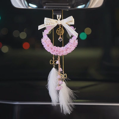 Car Rearview Mirror Safety Pendant, Electric – Car hanging - lily-of-the-valley-noble-purple-gift-box-style-feather-ornament