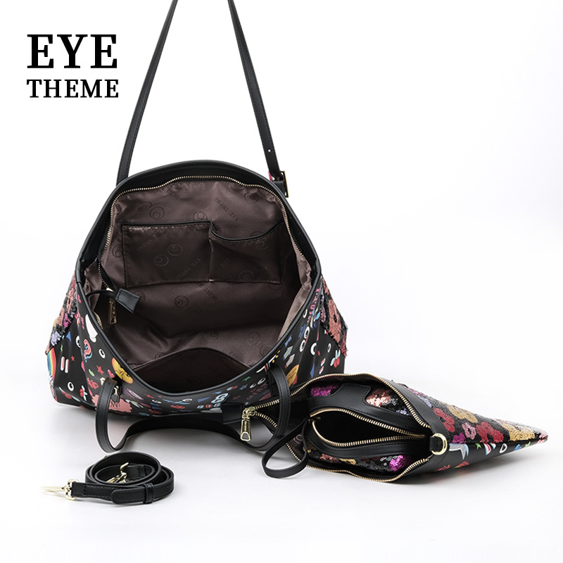 Bolso con cremallera de lentejuelas bordado casual de tres piezas para mujer de gran capacidad