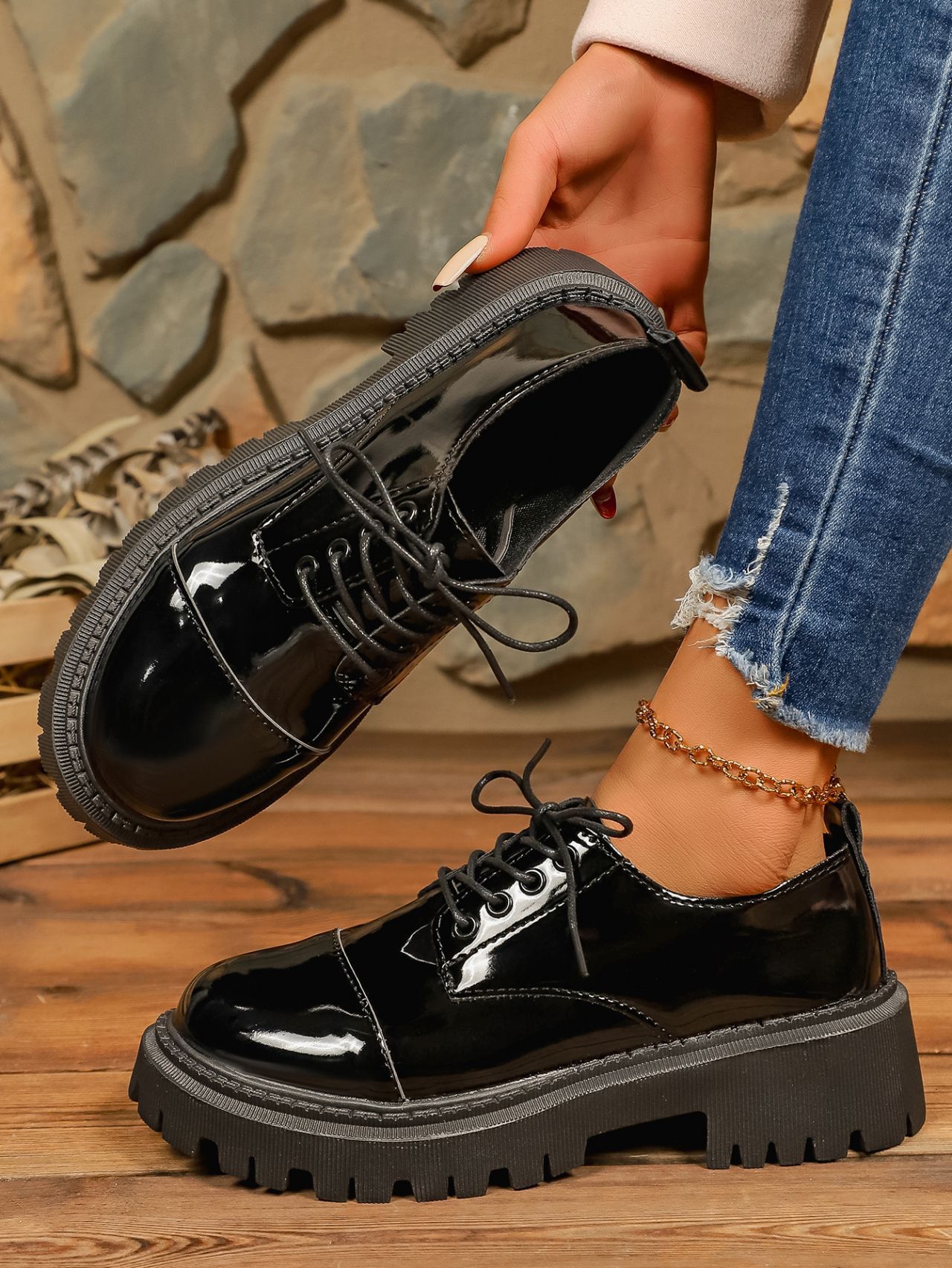 Scarpe eleganti donna stringate loafer retro punta tonda pelle_voghion.com