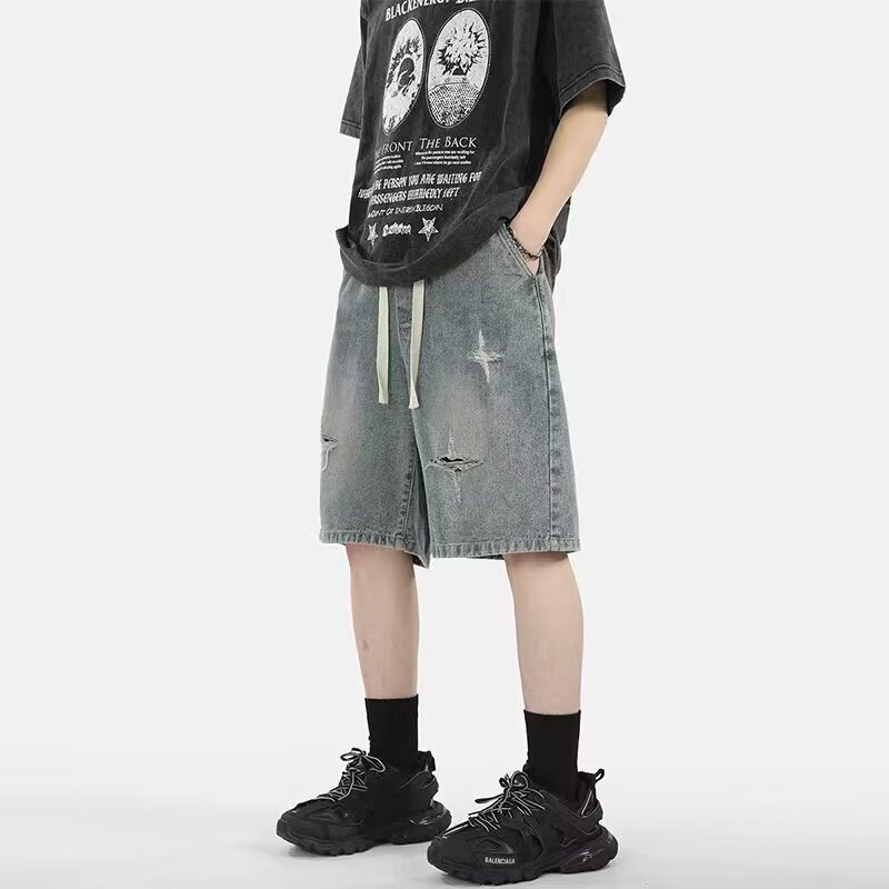 Ripped Star Denim Shorts Men's Summer New High Street National Trend Retro Design Sports Casual Five-Point Pants