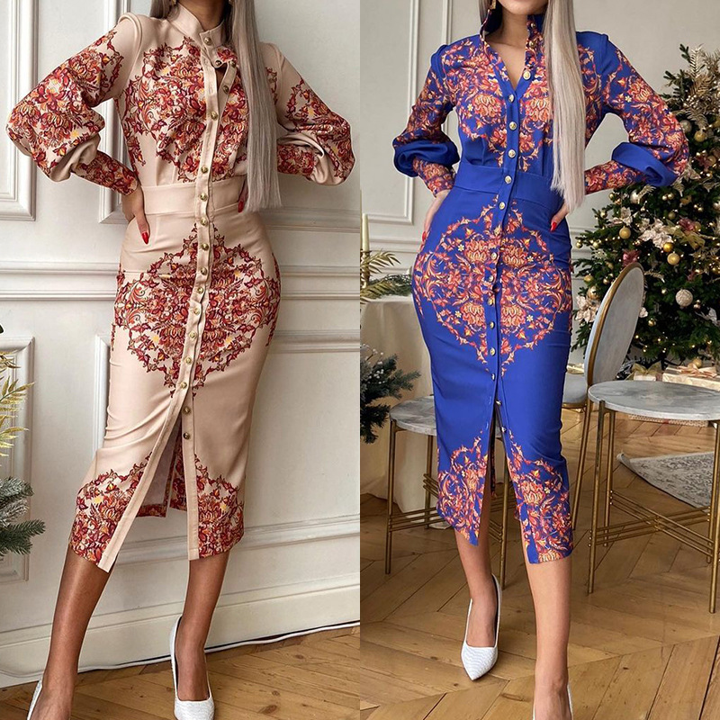 Women's Printed Stand Collar Dress With Long Sleeves For Women_voghion.com