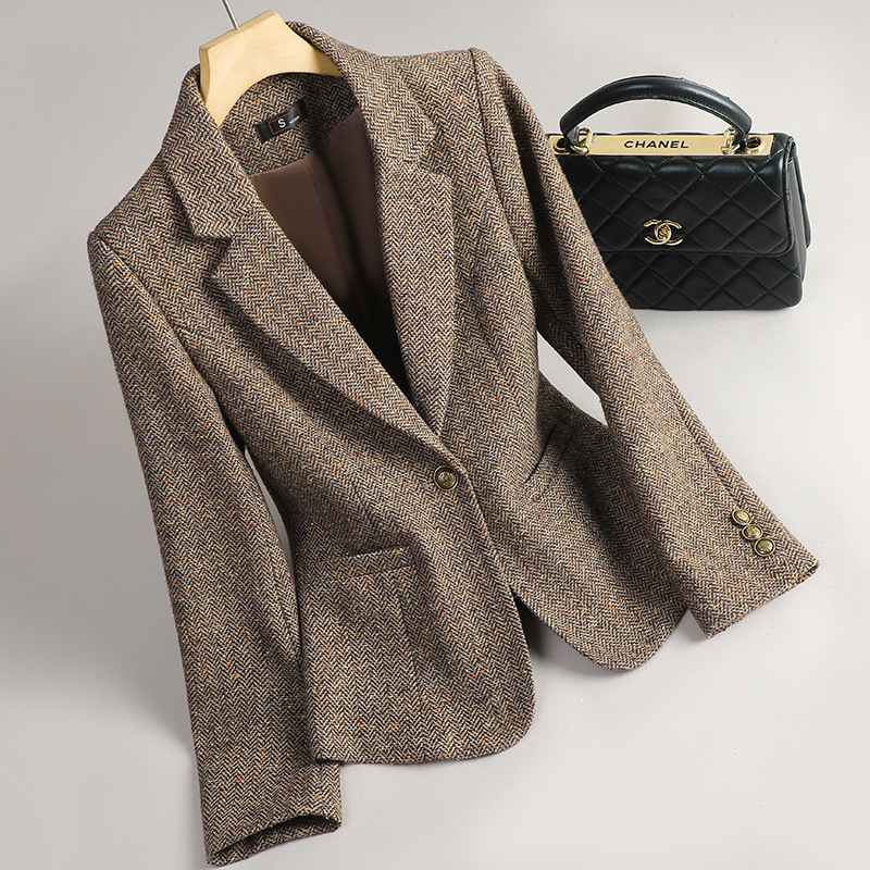 [Foreign Trade Hot Item] High-End Coffee-Colored Wool Blazer 2026 Spring and Autumn Slim-Fit Single-Button Casual Suit