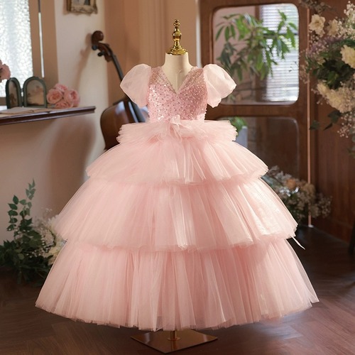 Children's evening dress pink princess dress, stylish for big kids fashion show puffed dress for girls, host piano performance costume autumn