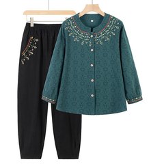 お母さんの春秋服の綿麻のスーツの老人の刺繍の長袖の上着の女性のおばあさんの秋の新型の綿麻の2つのセット