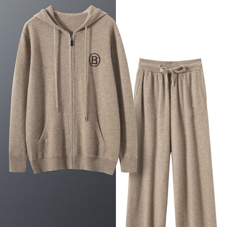 Cashmere sweater hoodie suit men's 100% pure cashmere autumn and winter New hooded sweater skinny pants straight pants