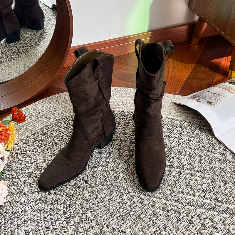 大きいサイズ 41-43 カウボーイブーツ女性用 2025 秋の新スタイルポインテッドトゥ太いヒールプリーツショートチューブマーティンブーツナイトブーツ|undefined