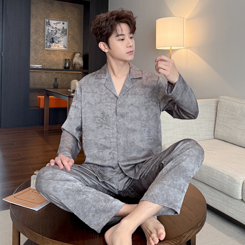 Simple and Luxurious Jacquard Men's Pajamas Spring and Summer Ice Silk Satin Long-Sleeved Comfortable Suit That Can Be Worn Outside Large Size Home Clothes