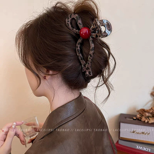 19# brown leopard print bow with red beads about 11cm