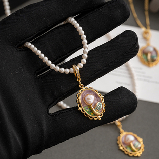Oil Painting Pearl Necklace Women's Natural Baroque Pendant Light Luxury Small New Chinese Style Retro Art Middle Ancient Clavicle Chain