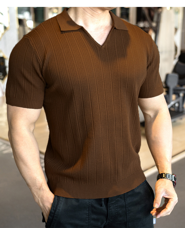 Polo in maglia da uomo scollo a v a righe verticali casual_voghion.com