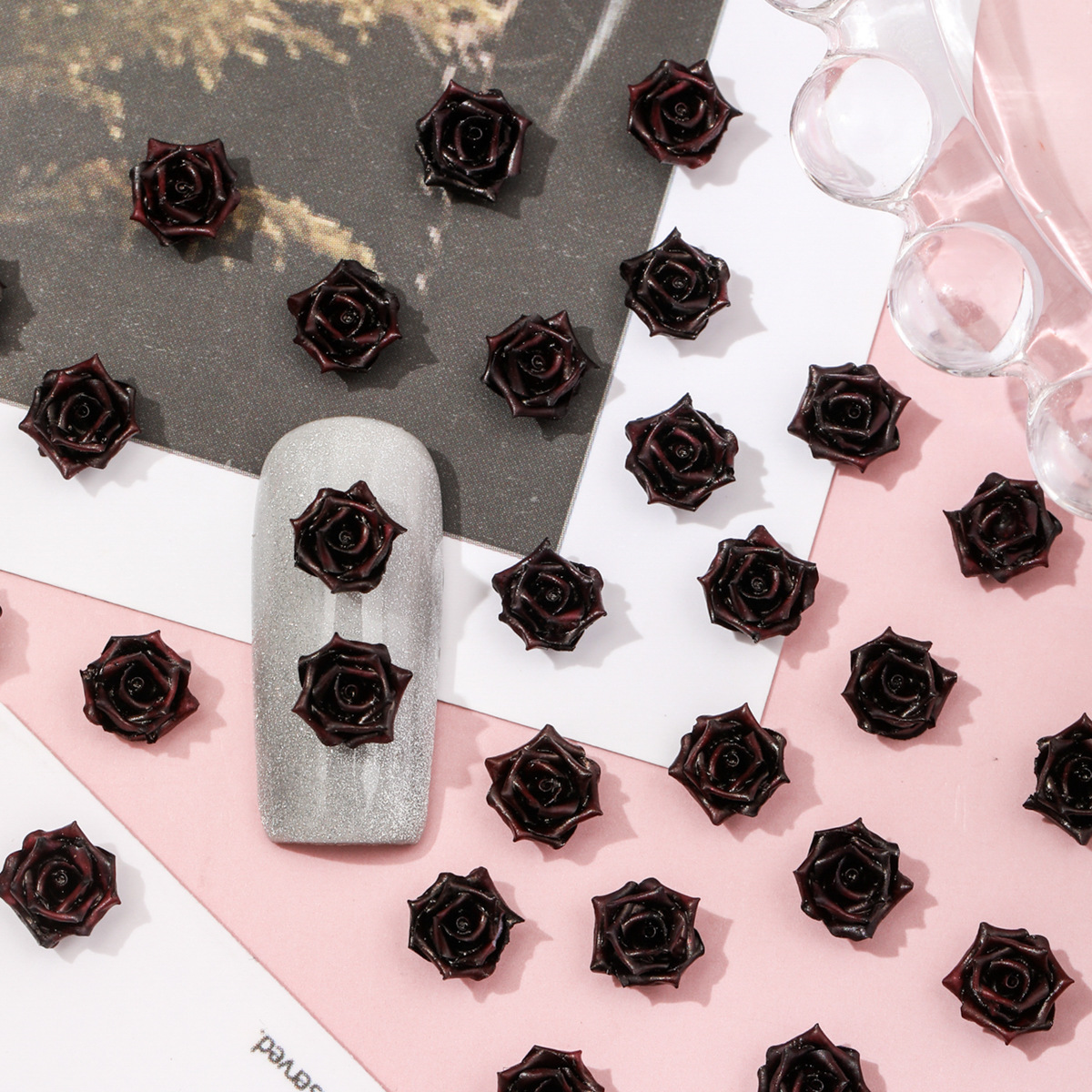 Retro burgundy nail decoration contains rose for nails