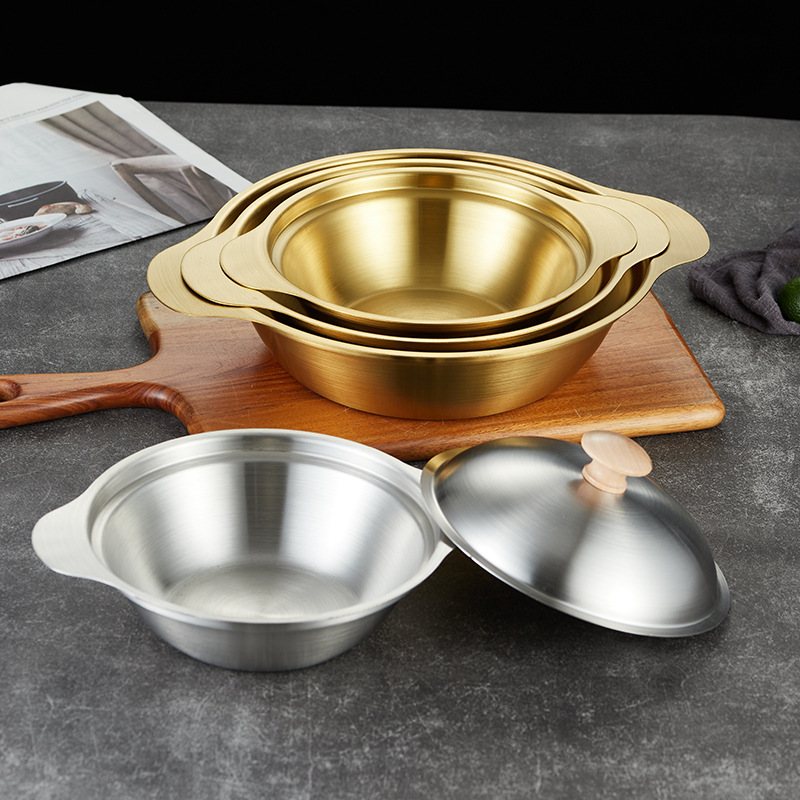 Korean stainless steel golden belt lid dry pot thickened double -ear…
