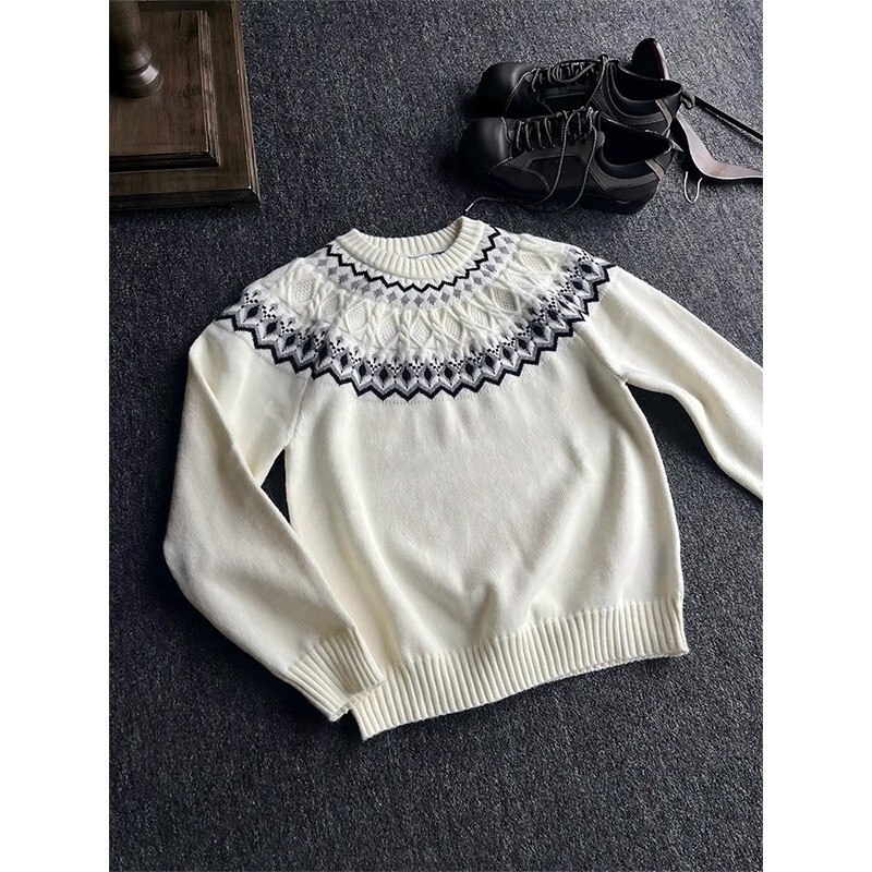 American Retro Fair Isle Boxy Sweater for Men, Autumn High-End Cable Knit Long-Sleeve T-Shirt, Heavy Weight, Regular Shoulder Base Shirt