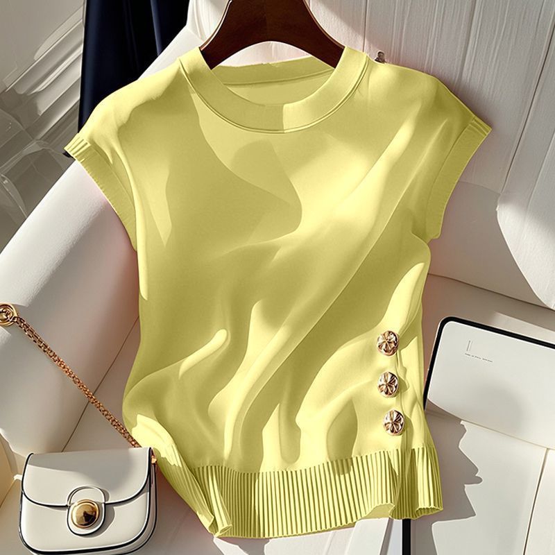 Women's Light Luxury Pink Knit Top Round Neck Sleeveless T-Shirt French Style Summer Chic Fashion For Youthful Women_voghion.com