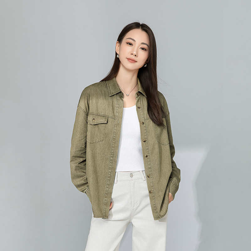 Xingge Tencel Linen Vintage Cross-Border Denim Shirt Thin Multi-Pocket Workwear Style Long-Sleeve Shirt for Women