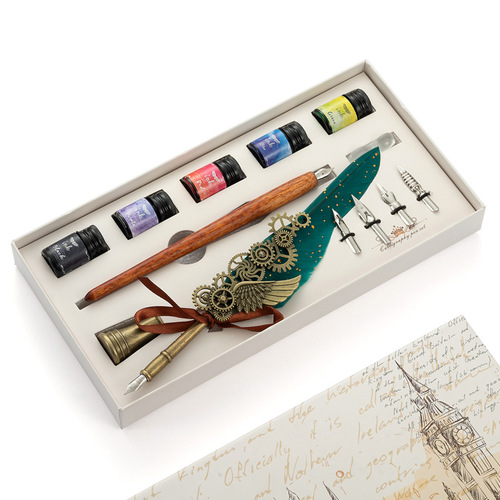 Starry sky sprinkled gold dip pen European style mechanical punk style wing pen advertising business gift quill pen set