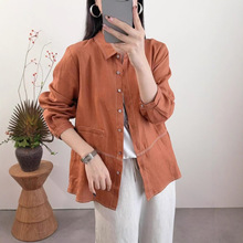 2025秋季新款休闲撞色线绣百搭宽松高品质衬衫亚麻舒适通勤上衣女