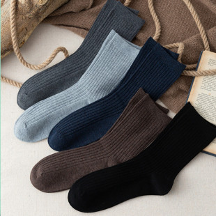 Hand-stitched socks men's winter thickened warm Men's wool socks solid color vertical stripes black classic stockings